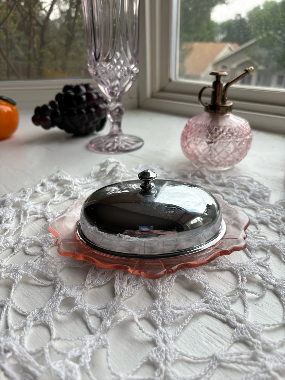 Pink Glass Butter Dish with Silver-Tone Dome